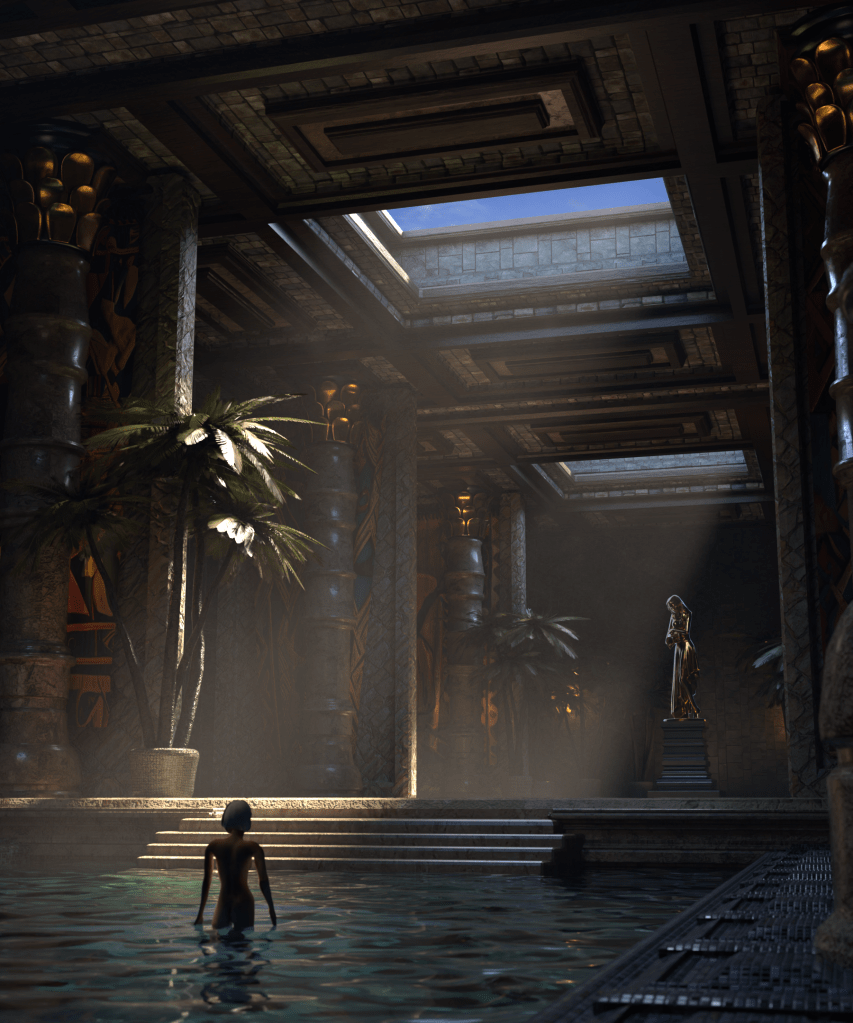 A digital rendering of a serene indoor pool area with ancient architectural elements. The scene features tall pillars, lush palm trees, and a statue in the background, illuminated by soft light filtering through the skylights.
